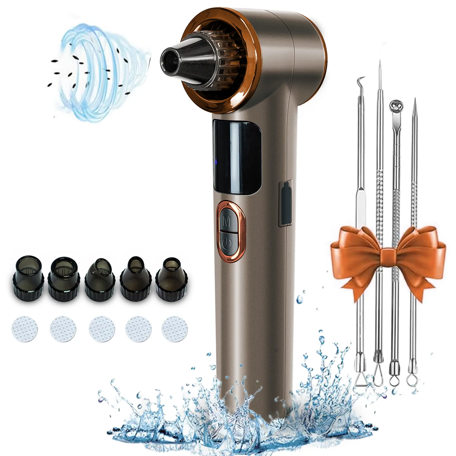 Heated Blackhead Remover Vacuum with 3 Suction Levels, LED Display, 5 Suction Heads and Stainless Steel Extraction Tools, USB Rechargeable Facial Pore Cleaner Kit for Home Use