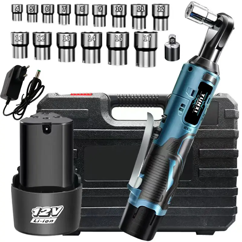 12V Cordless Electric Ratchet Wrench - 90° Right Angle, 3/8" Drive, Copper Motor, Reverse Switch, Soft Grip, Battery, 4-17mm Metric Sockets, Storage Case, High Torque Power Tool for Auto, Bike Repair, Stage Trusses Use
