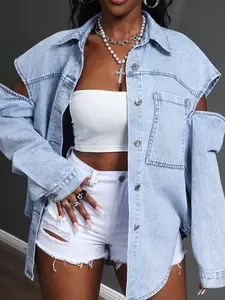66056# Spring & Fall Fashion Casual Loose-Fitting Solid Color Women's Denim Jacket, Elegant Off-Shoulder Design, Perfect for Daily Wear, Outerwear, Womenswear