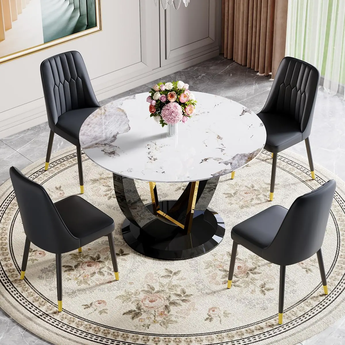 42"Dining Table and chairs ,Round White Marble Pattern Tempered Glass Tabletop with Black Leg&Base, 4 PU Leather Chairs, Space Saving, for Kitchen, Dinette-weekly picks