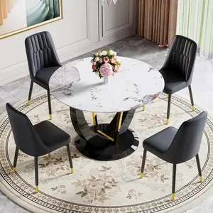 42"Dining Table and chairs ,Round White Marble Pattern Tempered Glass Tabletop with Black Leg&Base, 4 PU Leather Chairs, Space Saving, for Kitchen, Dinette-weekly picks