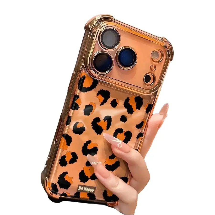 Orange Leopard Print TPE Airbag Shockproof Case for iPhone 17 16 15 14 13 12 11 Series – Cute Wild Aesthetic Hybrid Protective Phone Cover with Strong Drop Protection