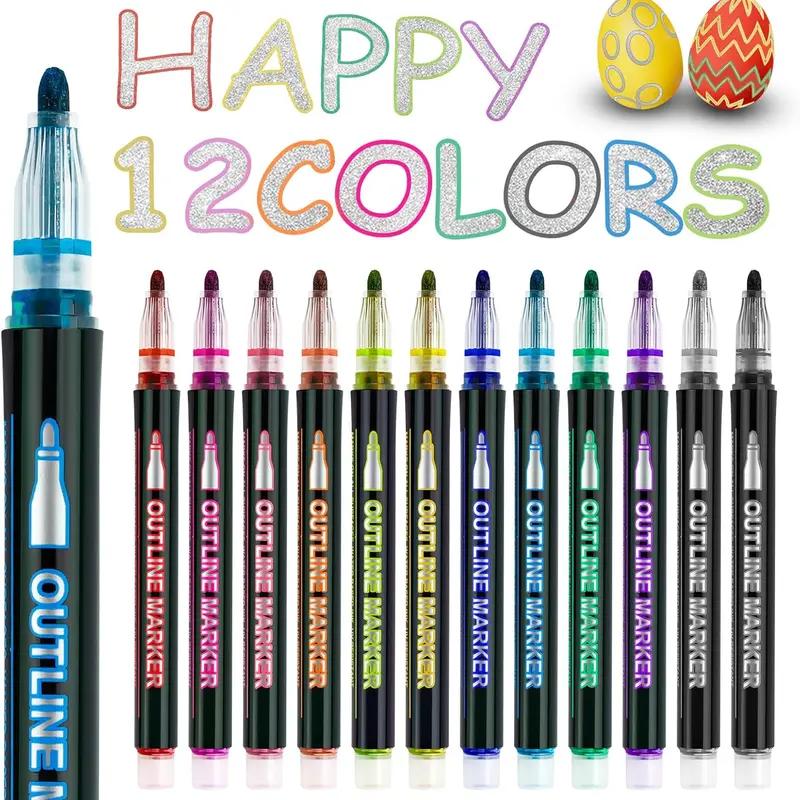 12-color Double Line Outline Art Pen,Valentines Day Gifts for Kids School Classroom,Easter Basket Essentials Stuffers,Colorful Shimmer Markers Outline Pens, School, Office,Art Supplies Arts Crafts Kids Ages 8-12