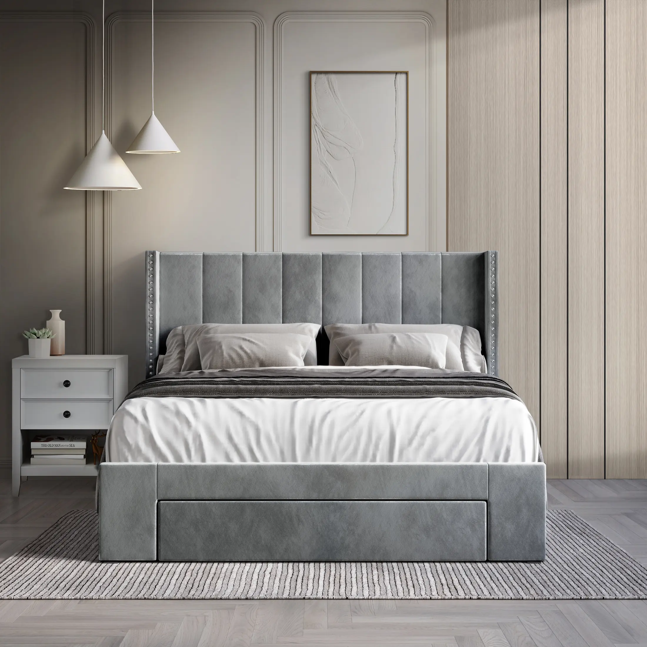 Modern Elegance Upholstered Wingback Platform Bed Frame with Storage - Chrome Nailhead Trim, Velvet-Inspired Fabric, Durable Support, Space-Saving Drawer