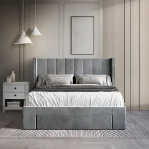 Modern Elegance Upholstered Wingback Platform Bed Frame with Storage - Chrome Nailhead Trim, Velvet-Inspired Fabric, Durable Support, Space-Saving Drawer