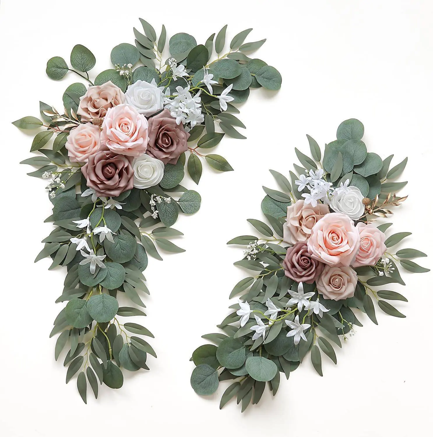 Decorative Handcrafted Iron Artificial Wedding Arch Floral Decor Set - 2×180cm Eucalyptus Greenery Garlands, 2 White Rose Swags, Lightweight Plastic Silk Arrangement, 70in, for Wedding Ceremony, Entryway, Table, Fireplace Mantel Decoration, Hanging