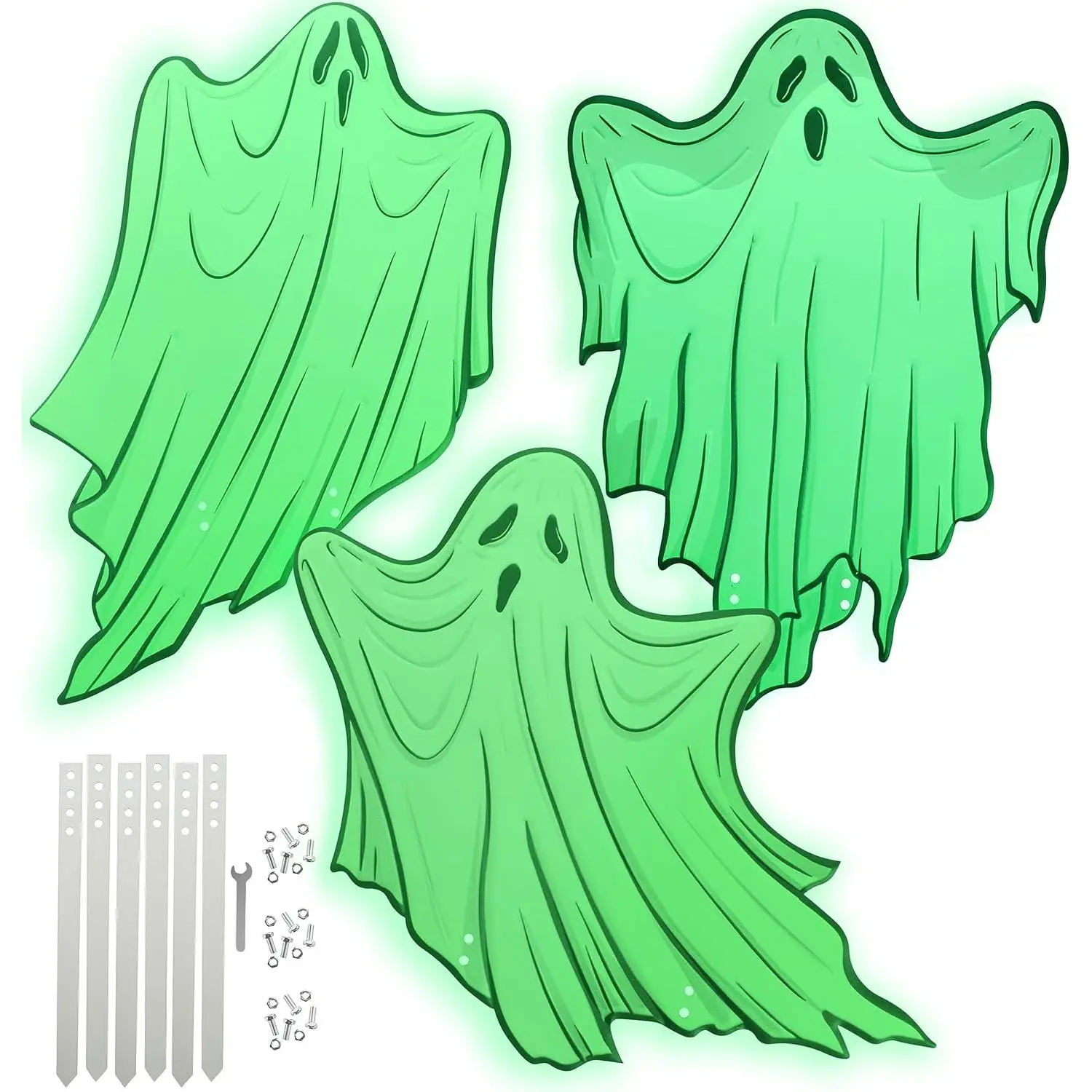 SCS Direct 3D Metal Glow in the Dark 17" Ghosts w Stakes (3 Unique Designs) Durable,Weatherproof, UV Printed- Outdoor Lawn Décor - No More Foam Cemetery Graveyard Headstones