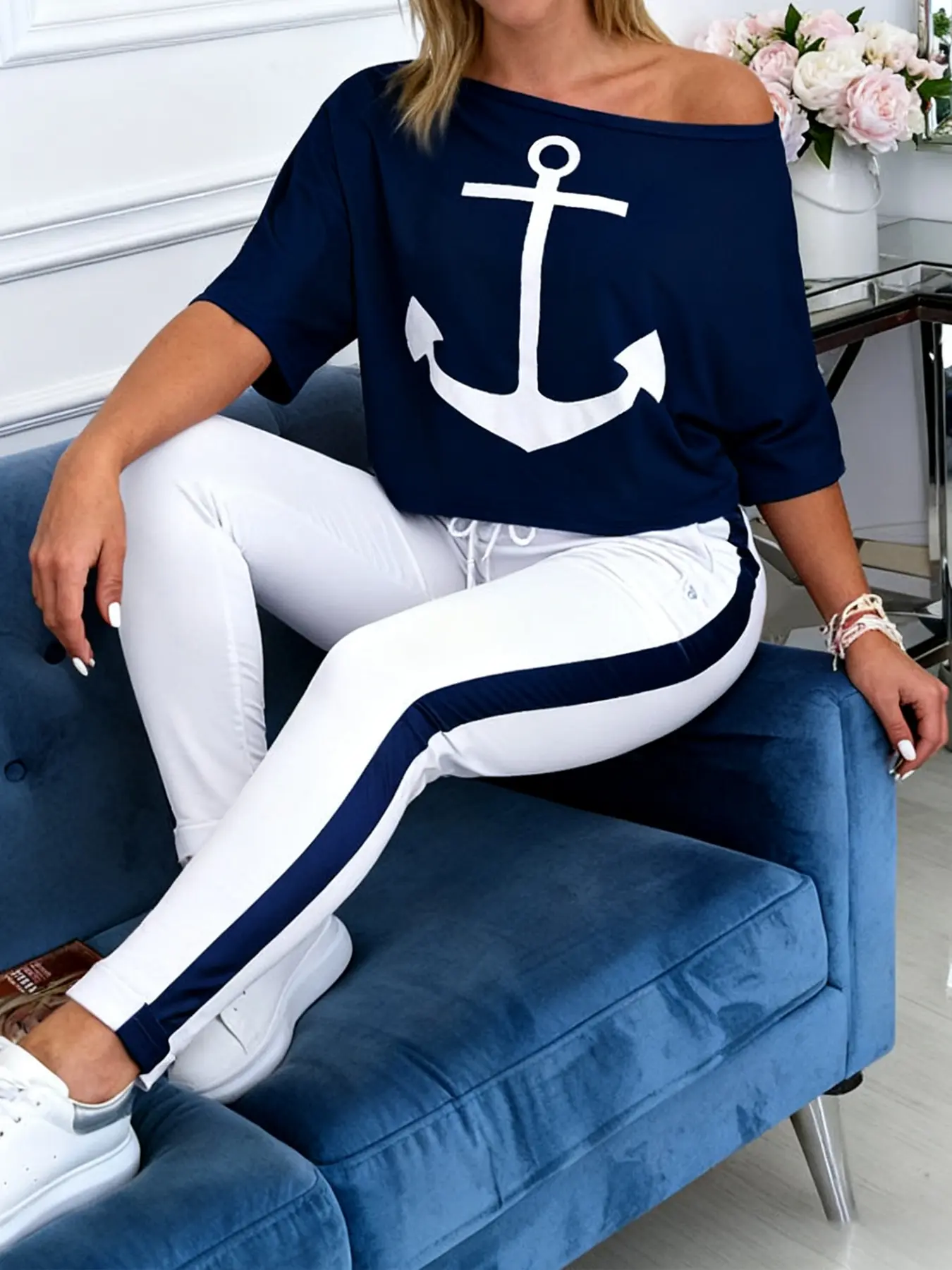 Women's Navy Anchor Print Knitted Fabric Off-Shoulder Top & Colorblock Casual Pants Set, Matching Clothing Set, Summer Fitted Graphic Tee, Comfortable Daily Wear, Fashion, Womenswear