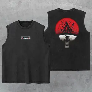Rebirth Uchiha Clan Washed Tank Top, Gym Essential, Vintage Casual Crewneck Short Sleeves Menswear T-shirts Classic Cotton Fabric Streetwear