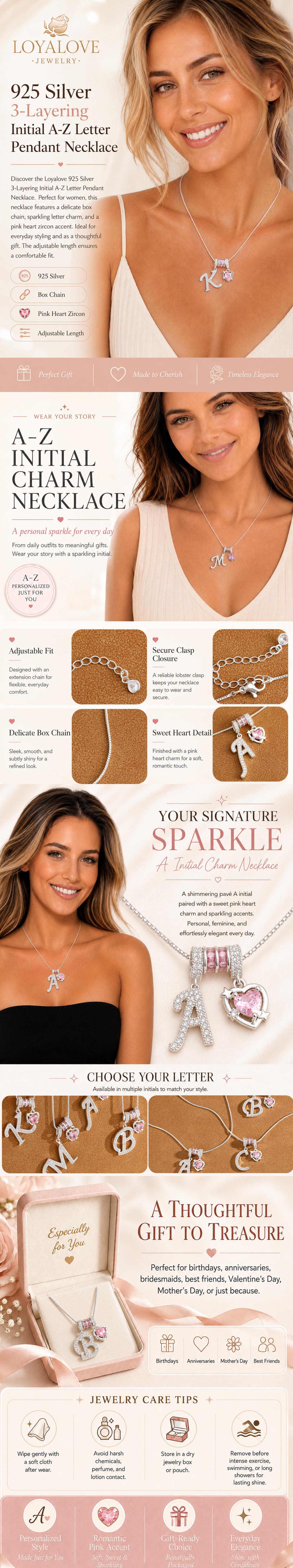 Loyalove Women's Personalized 925 Silver-Plated 3-Layer A-Z Initial Necklace, Dainty Adjustable Box Chain Choker with Pink Heart Cubic Zirconia, Accessories for Women, Thoughtful Gift for Girls, Personalized Necklace, Jewelry