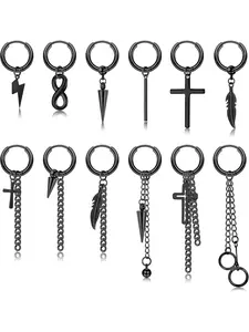 12 Pieces Earrings Stainless Steel Men's and Women's Cross Earrings Punk Style Earrings Men's Earrings with Feather Pendant Hoop Earrings Black Kpop Earrings Gothic Earrings
