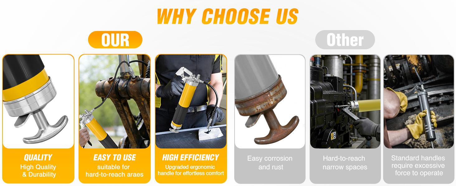 GOOACC Grease Gun 8000 PSI Heavy Duty 14oz Pistol Grip Grease Gun Kit with 18" Spring Flex Hose Sharp Type Nozzle Normal Coupler Rigid Pipe Manual Grease Guns for Greasing Automotive Marine, Yellow