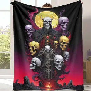 Gothic Moon Flannel Blanket Skull And Dark Mage Print Soft Cozy Warm Durable For Bedroom Living Room  Party Gift Decor