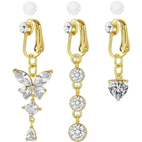 Women's Chic Clip-On Fake Belly Button Rings - Stainless Steel Chic Body Jewelry Set with Butterfly, Heart, Diamond Accents, Elegant Daily Fashion Accessories for Birthday Gifts