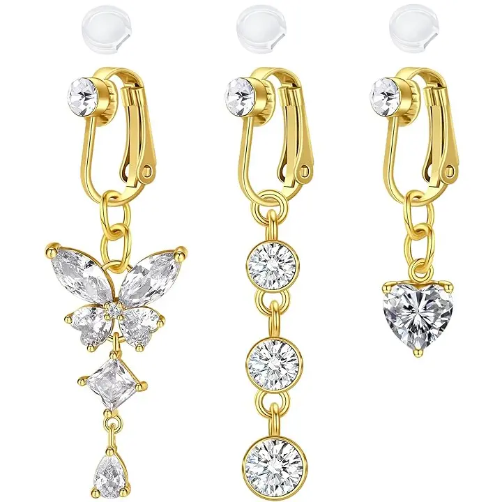 Upgraded Non-Piercing Clip-On Fake Belly Rings Clip-On Set - High-Quality Metal Stainless Steel Chic Female Wear Body Jewelry with Diamond Accents, Butterfly, Heart Designs - Costume Fashion Accessories, Chic Look