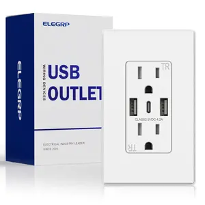 USB A/A/C, 4.2A 5VDC Total Output Outlet with 15A/20A, Tamper-Resistant Wall Outlet