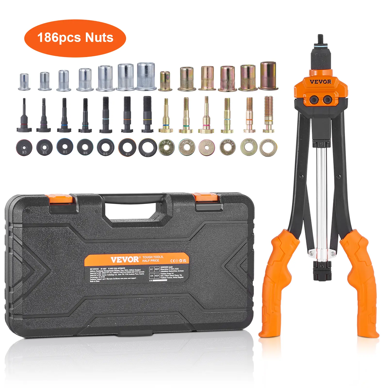 VEVOR Rivet Nut Tool, Various specifications, 16 inch Rivnut Tool Kit with 13PCS Metric and SAE Mandrels, 186PCS Rivet Nuts, Semi-auto Retraction, M3,