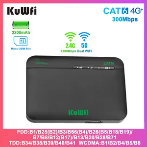 Kuwifi Cat6 4g Travel Router, 1200mbps Dual-Band WiFi (2.4GHz/5GHz), Portable 4g Lte Modem, 2200mah Battery, Usim Slot, 64 Users, Vpn Support