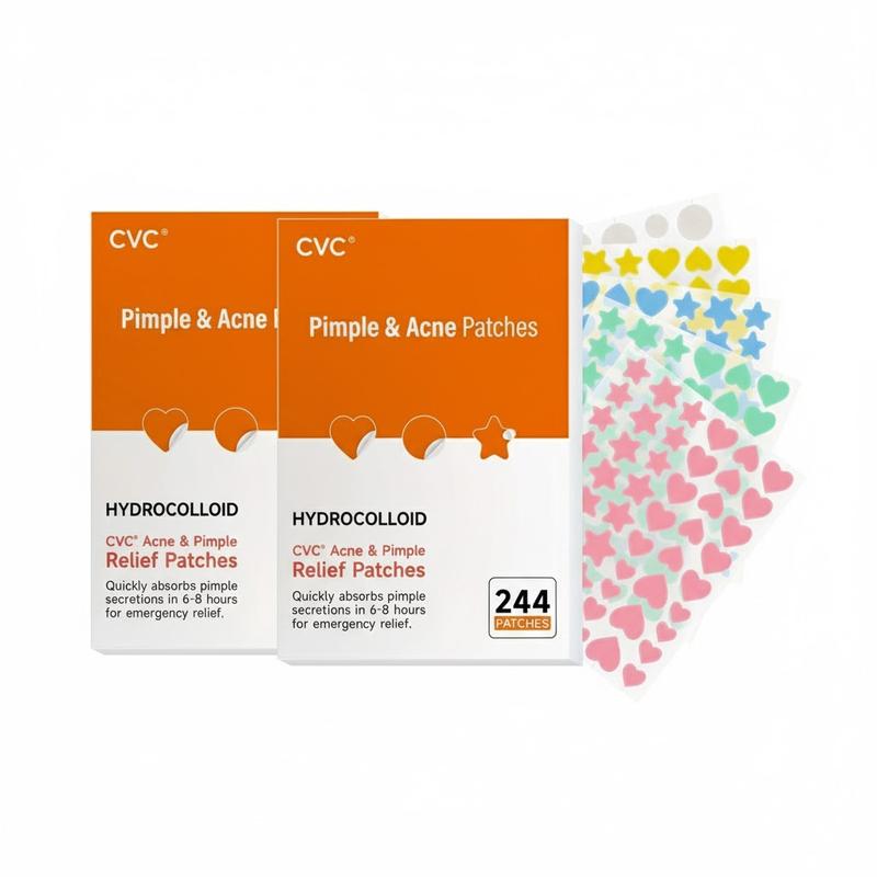Two boxes of 240-count acne patches, hydrogel acne patches, cute star-shaped acne patches, tea tree essential oil, salicylic acid, centella asiatica oil complex formula, colorful acne patches