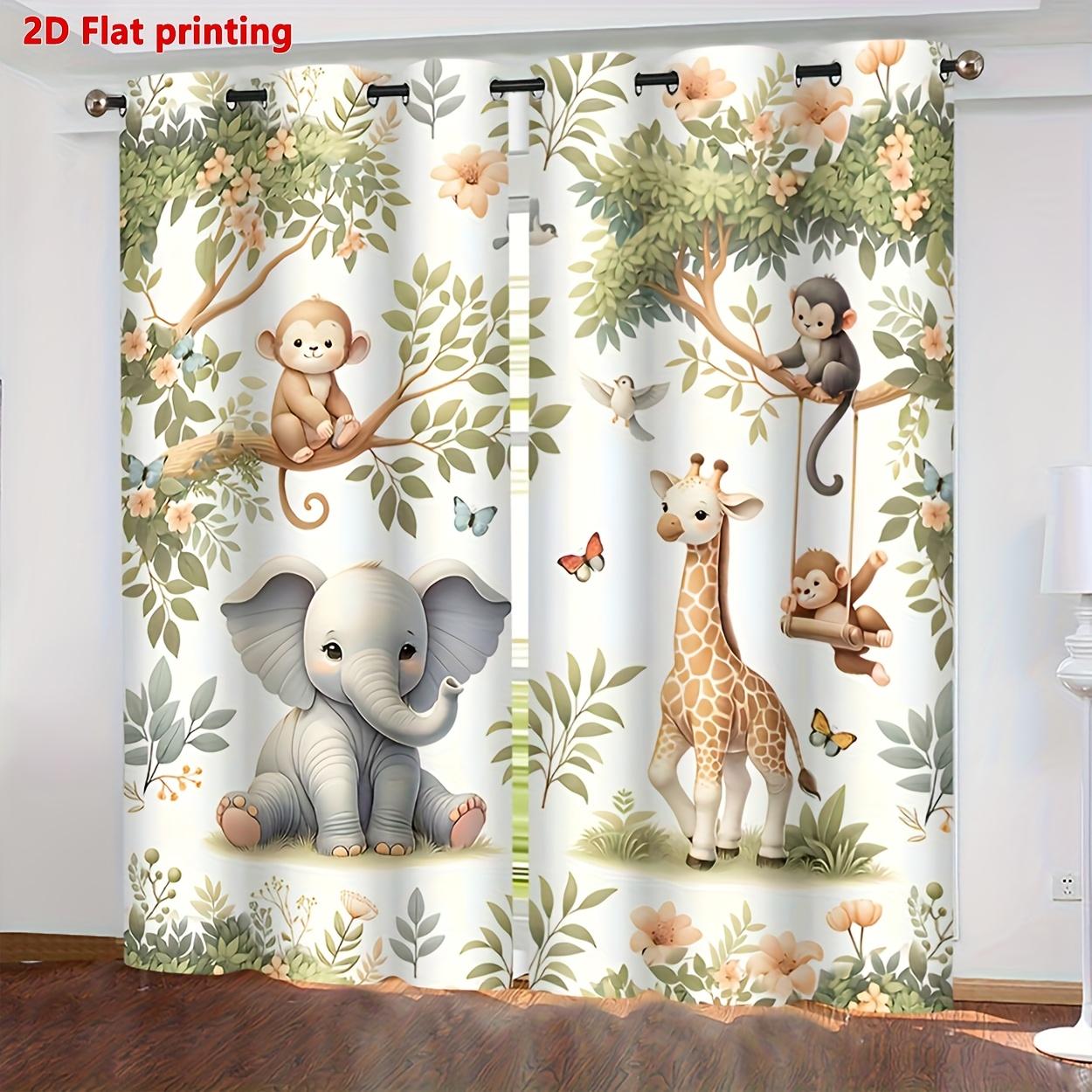2D Flat Printed Animal Curtains 2 Panels, Cute Jungle Elephant Giraffe Monkey Print Window Drapes, Light Filtering Home Decor for Living Room Bedroom