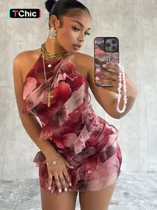 Women's Summer Strapless Belted Dress, Hip Frill Decoration, Fashionable Sexy Party Mini Dress, Sleeveless Floral Print, Slim-Fitting, Elegant Romantic Dress