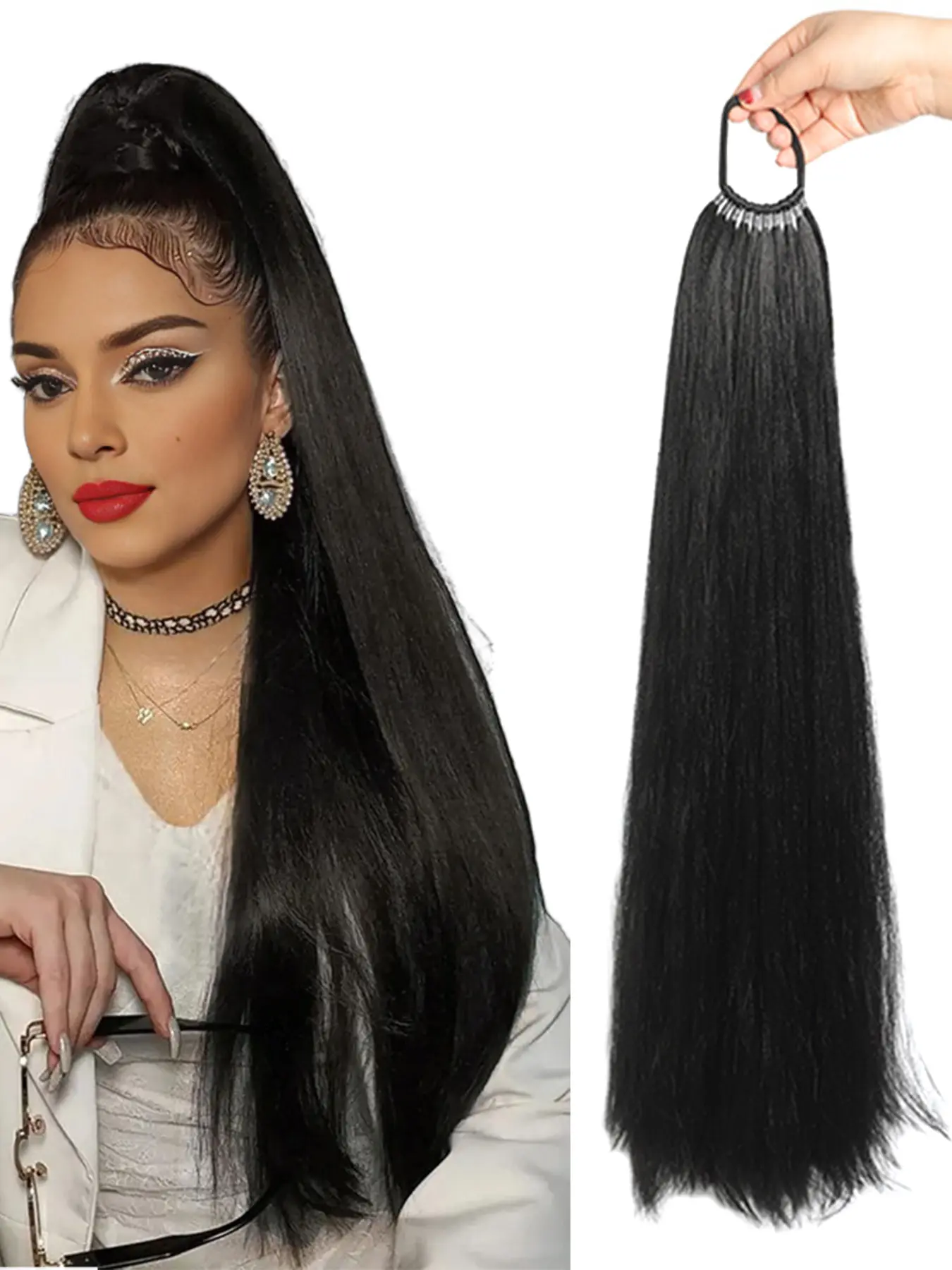 22 inch straight ponytail extension looped ten-strand pre-braided ponytail synthetic hair bundle wrap-around long hair piece synthetic hair extension for women daily and festive use DIY wig, Synthetic Extensions