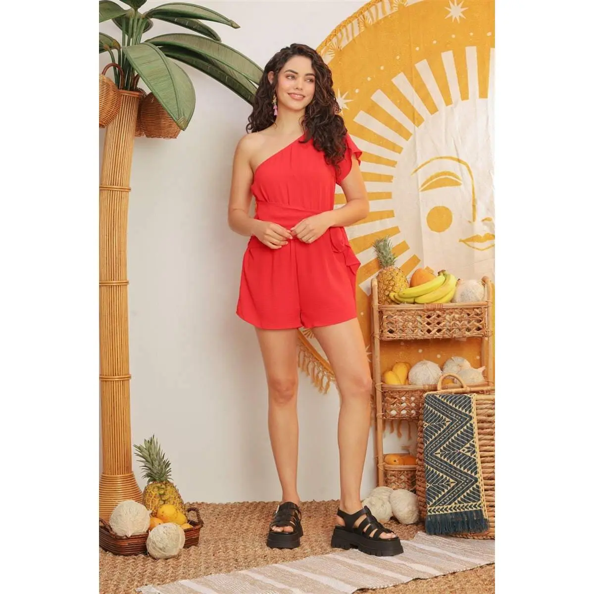 Red One Shoulder Self-tie Around Belt Romper