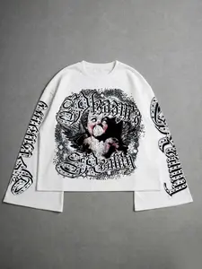 Unisex Angel Print Long Sleeve T-Shirt, Casual Fashion Comfortable Loose Fit, Trendy Simple Versatile Top for All Seasons