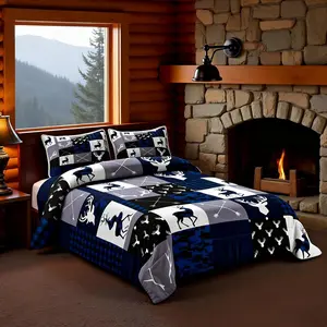 Camo Deer Antlers Comforter Set,Geometric Plaid Patchwork Bedding Set for Kids Teens Girls Boys Room Decor,Boho Arrow Xmas Quilt Set,Blue Grey Duvet Insert