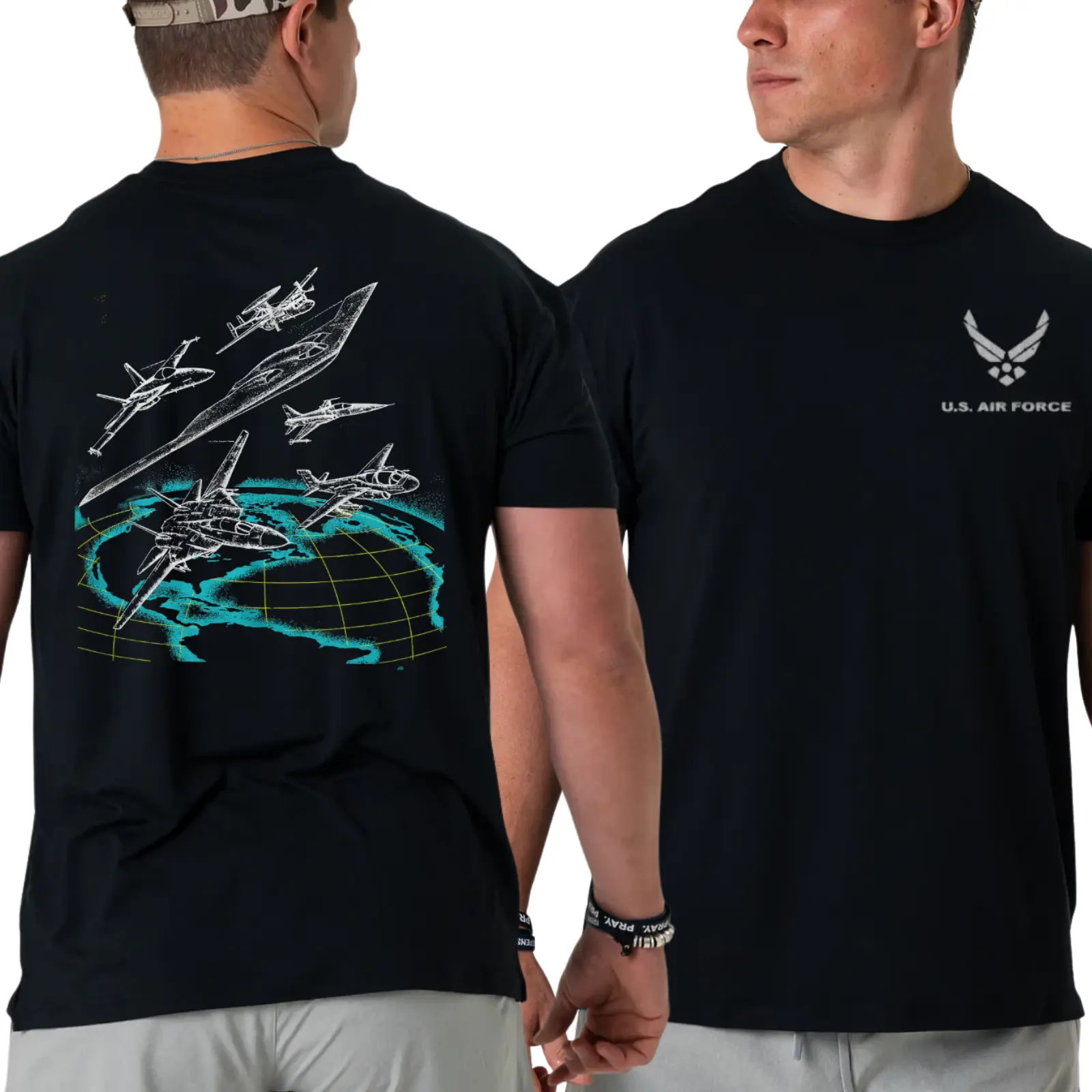 Men's Short-Sleeve Round-Neck U.S. Air Force Fighter Jet T-Shirt - Global Strike Command 2-Side Graphic, Bold Aircraft Design with USAF Logo, Casual Menswear, U.S. Pride Tactical Aviation Streetwear