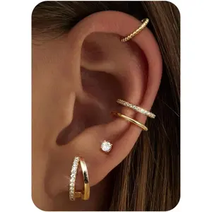 【Summervibes】CASSIECA 5Pairs Earrings Stack for Women Hypoallergenic Surgical Steel Earrings for Sensitive Ears 14K Gold Hoop Earring Ear Cuffs Flat Back Earring Cartilage Tragus Helix Piercings for Women Jewelry