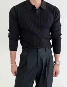 Men's Half-Open Lapel Striped Pullover Knit Sweater Black Ribbed Design for Comfortable Style with Half-Open Lapel and Striped Pattern