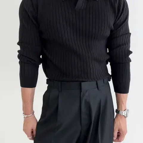 Men's Half-Open Lapel Striped Pullover Knit Sweater Black Ribbed Design for Comfortable Style with Half-Open Lapel and Striped Pattern