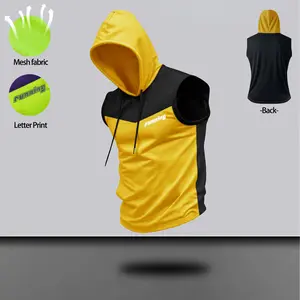 Mens Hooded Tank Top Sleeveless Hoodie Mesh Workout Vest Color Block Athletic Fit Drawstring Hood Contrast Panel Curved Hem Breathable Quick Dry Gym Running Basketball Training Casual Streetwear Layering Activewear for Spring Summer Daily Wear Running Top
