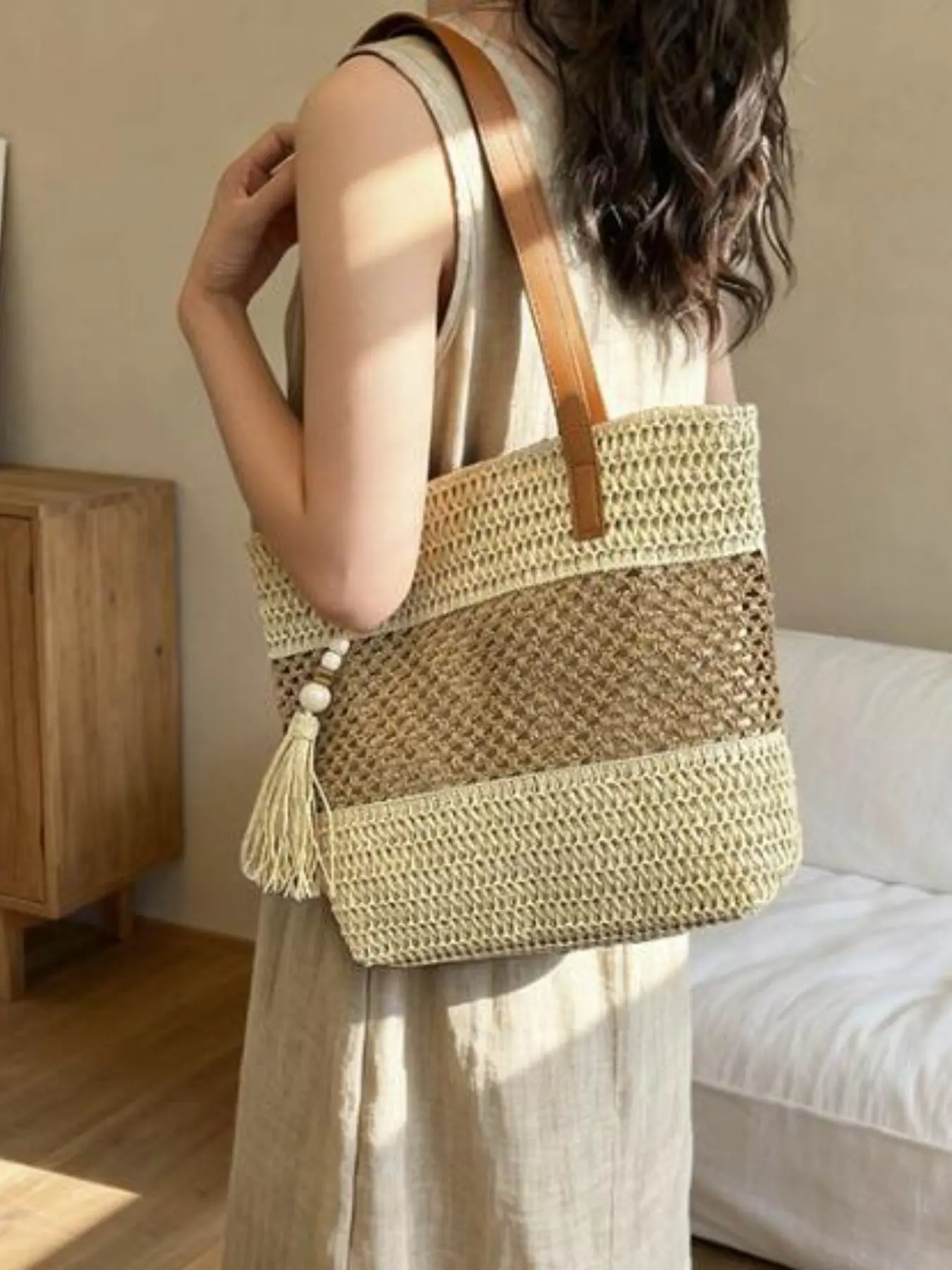 Straw Woven Shoulder Bag, Colorblock Design, Lightweight & Breathable, Perfect for Summer Commute & Vacation, Versatile Handbag