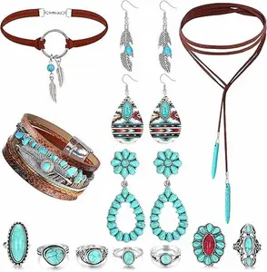 Western Bohemian Jewelry Set for Women - Turquoise Faux Leather Cuff Bracelet, Pendant Choker Necklace, Hoop Dangle Earrings, and Joint Knuckle Rings