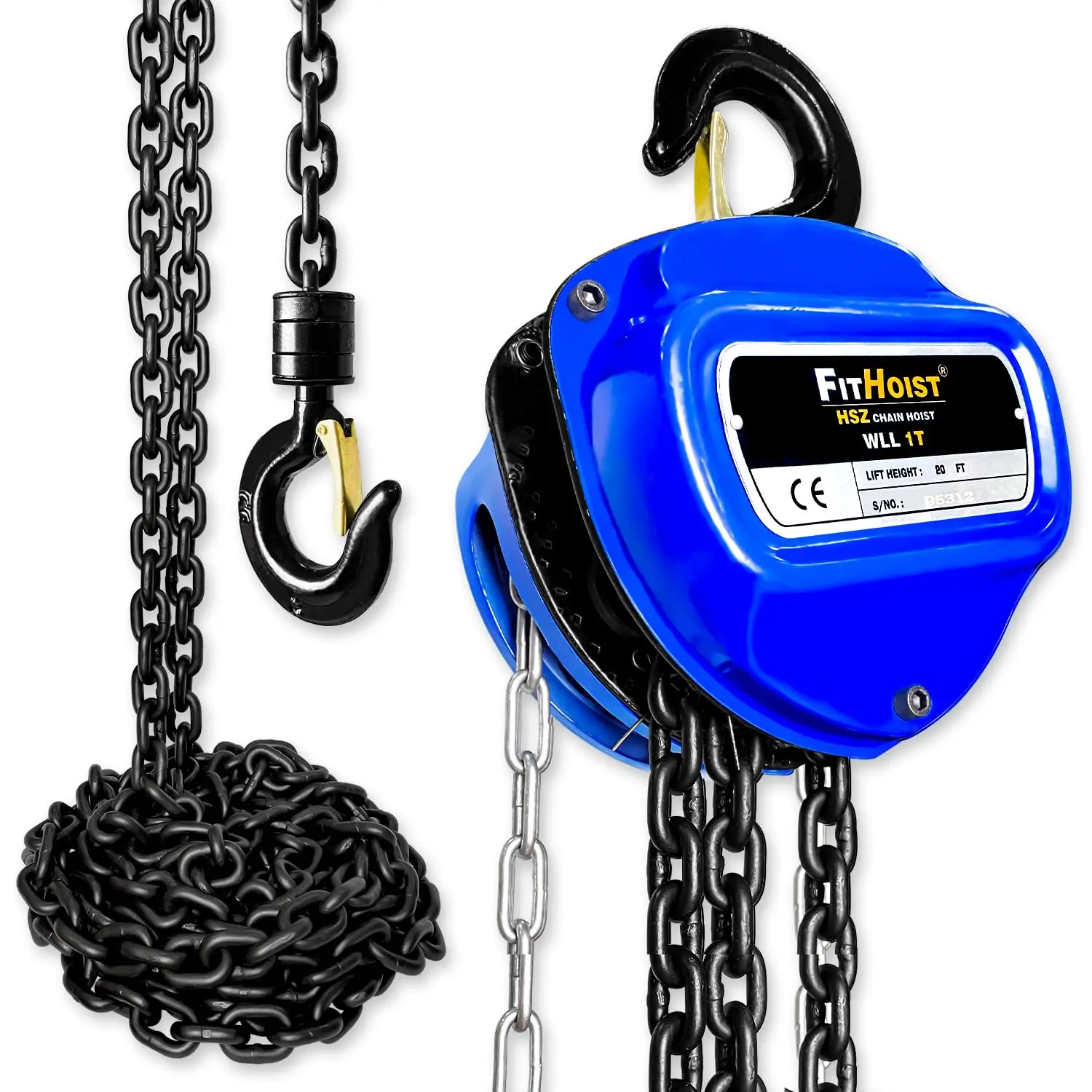 G80 Manganese Steel Metal Hand Chain Pulley Hoist - 1Ton Capacity, 20FT Chain Fall, 2 Heavy-Duty Hooks, Suitable for Garages, Warehouses, Ideal Gift for Dad, Husband