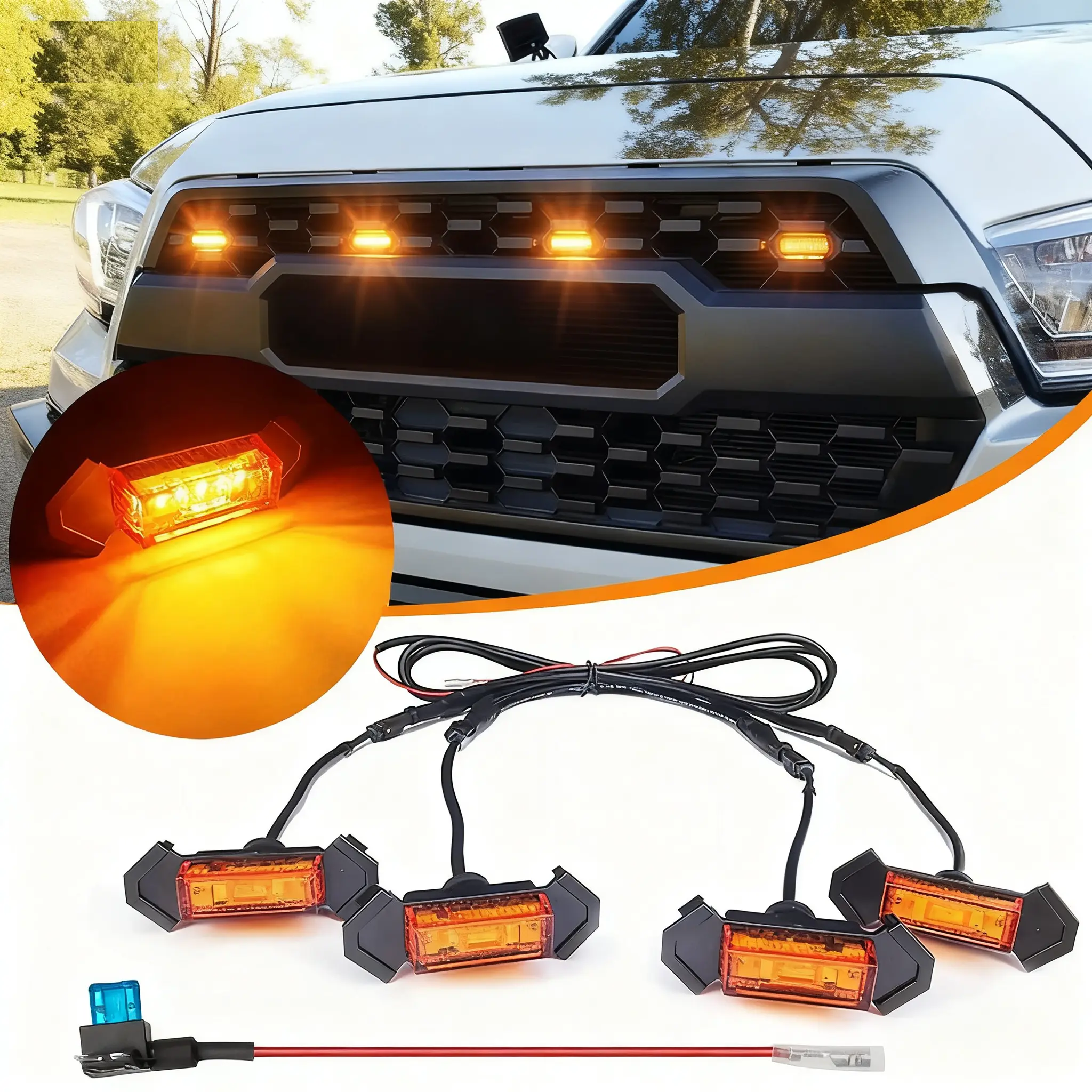 4x LED Amber Grille Auxiliary Lights Kit, Raptor-Style, Compatible with Toyota Tacomas TRD Pro 2016-2023, Auxiliary Light, Led Work Light, Automotive Car Light Carlights Work Light Bar