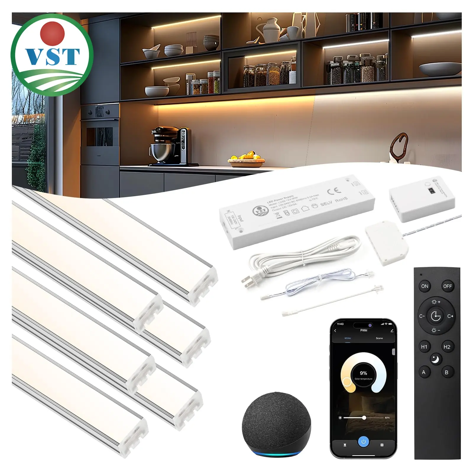 VST Smart Under Cabinet Aluminum Strip Lights (6 Bars) - UL Listed, CRI 93+ Adjustable COB, Alexa & Google Home Compatible, App/Voice/Hand Wave Control, Indoor Kitchen Use, Specialty & Decorative Lighting, Indoor Use