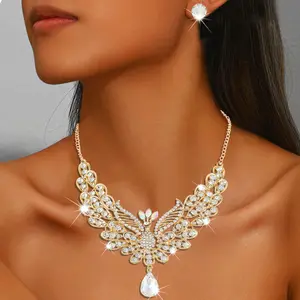 Rhinestone Peacock Jewelry Set Bridal Wedding Necklace Earrings Gold Neck Jewelry Prom Costume Sets for Women