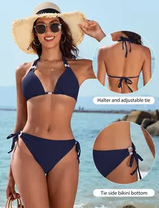 Women's Two-Piece Bikini Set, Sexy Halter Triangle Bikini, Tie Side String Swimsuit, Adjustable Straps Stretchy Swimwear, Solid Color Beach Vacation Outfit #SummerVibes SwimWeek
