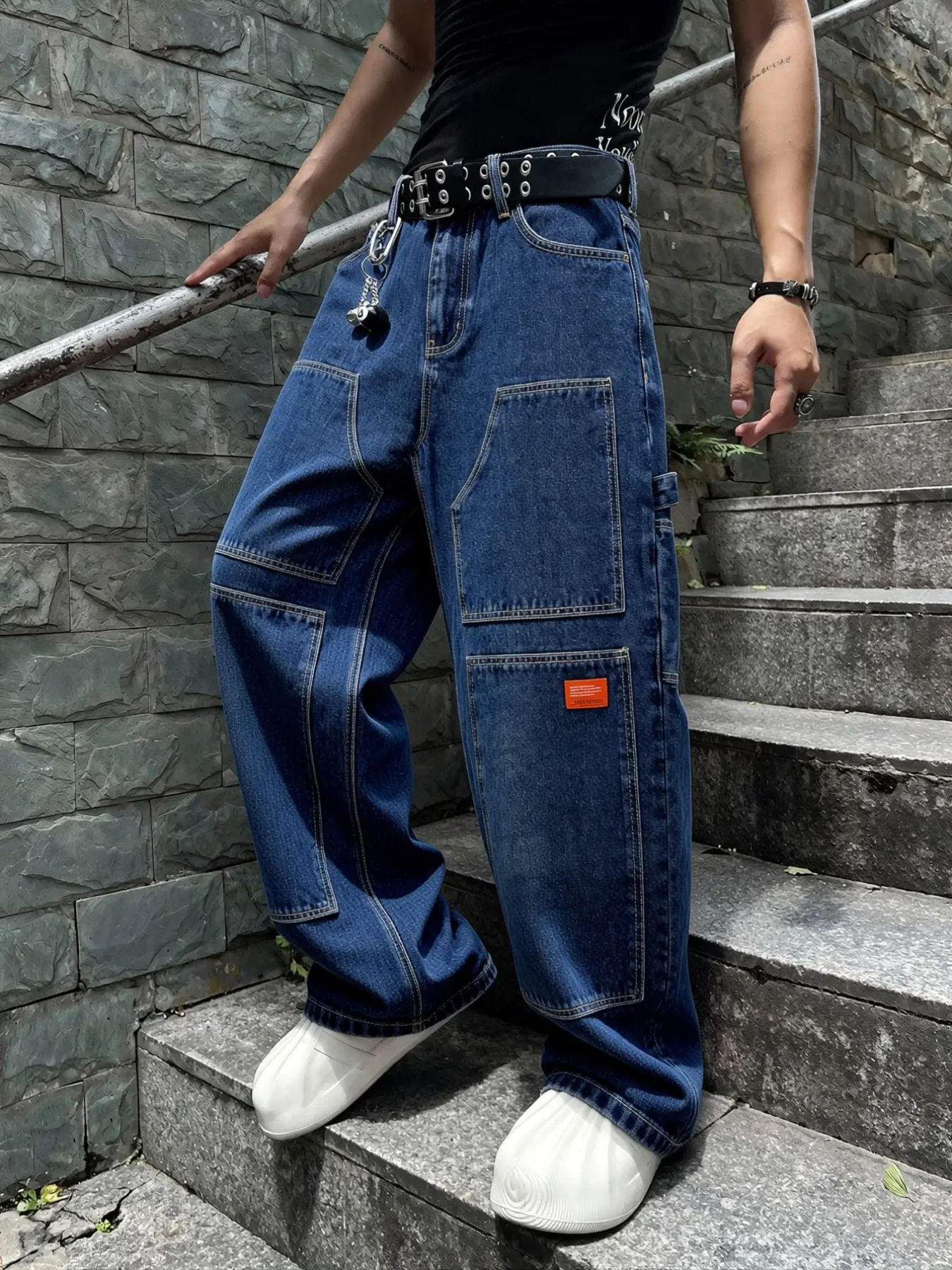 Men's Deep Blue Washed Dark Wash Patchwork Workwear Plain Casual Pocket Jeans, Loose Straight Leg Wide Leg, Street Trendy Denim Zipper Jeans, Perfect Gift for Husband Boyfriend, Menswear Streetwear Pants, Loose Jeans Trousers