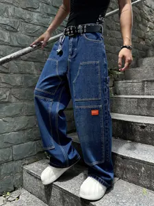 Men's Deep Blue Washed Patchwork Workwear Plain Casual Pocket Jeans, Loose Straight Leg Wide Leg, Street Trendy Denim Zipper Jeans, Perfect Gift for Husband Boyfriend, Menswear Streetwear Pants