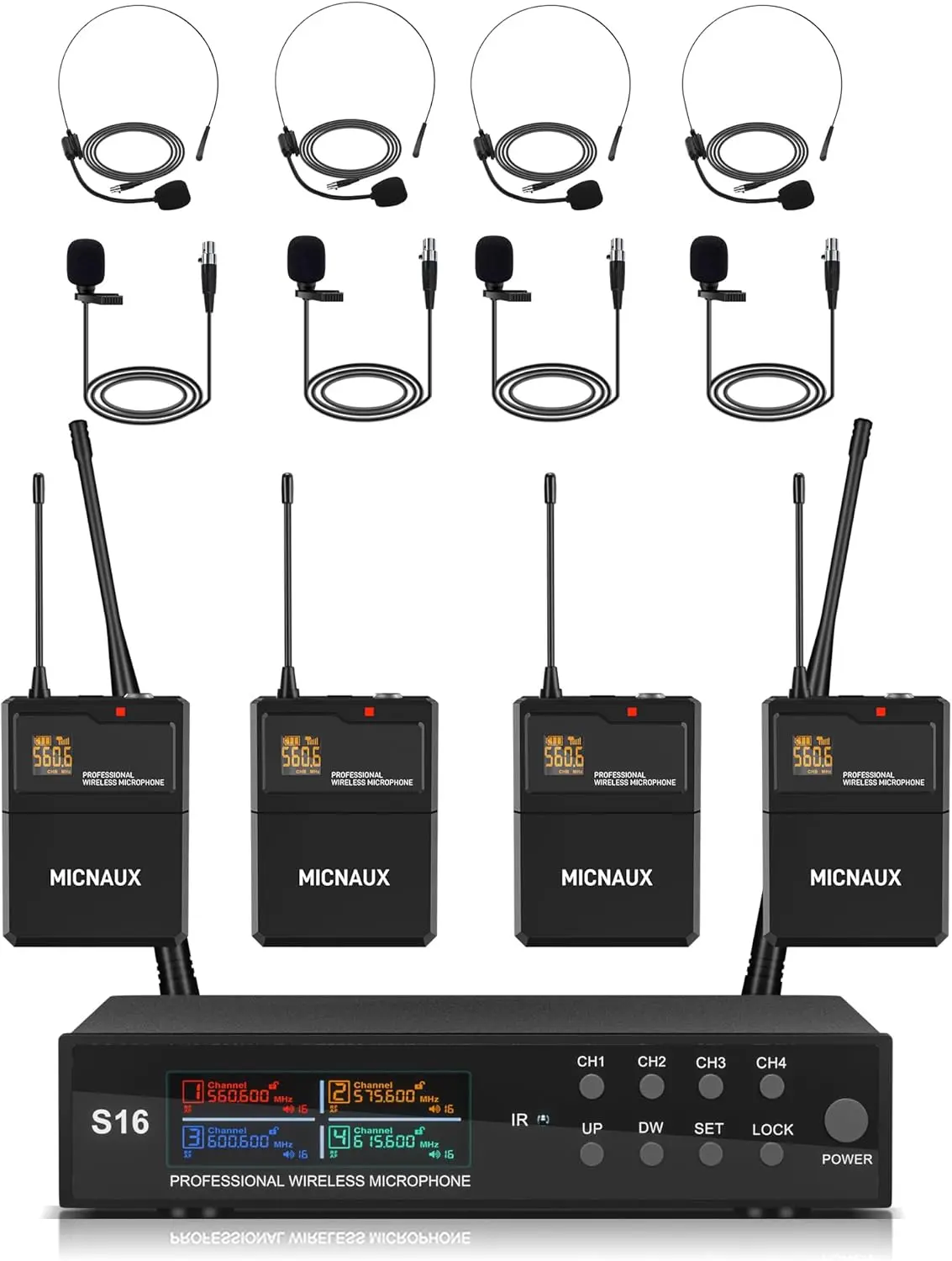 Lapel Wireless Microphone System with Headset & Lavalier Mics, Pro 4 Channel UHF Mics Set with Bodypack Transmitter & Metal Receiver, 200 Adjustable Frequency, 300ft Range for Church, Party, Audio, Cable