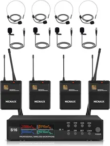 Lapel Wireless Microphone System with Headset & Lavalier Mics, Pro 4 Channel UHF Mics Set with Bodypack Transmitter & Metal Receiver, 200 Adjustable Frequency, 300ft Range for Church, Party