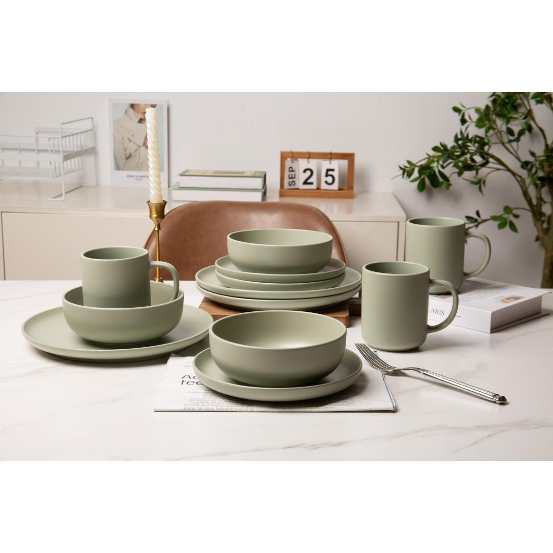 12-Piece Stoneware Dinnerware Sets With Mugs  Microwave & Dishwasher Safe  Non-Toxic Dinner Plates Bowls Set   Stackable Matte Glaze Kitchenware For 3