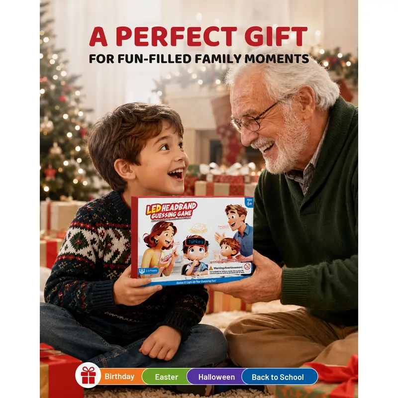 Grandpa and child smiling together holding the LED headband guessing game gift box near a Christmas tree
