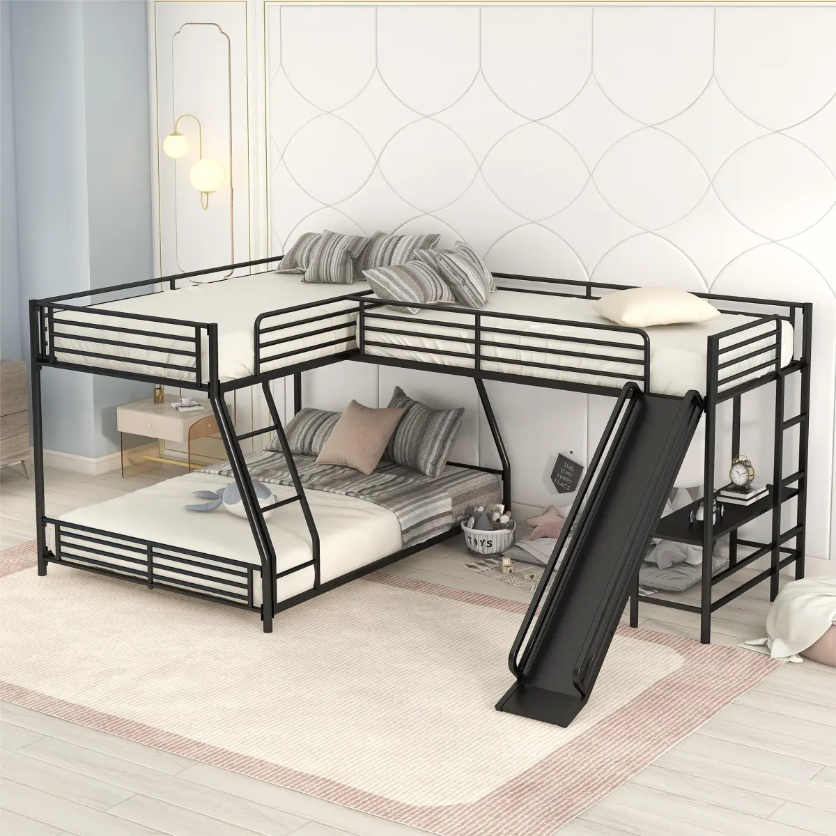 Black Metal + MDF L-Shaped Twin/Full Bunk Bed with Twin Loft Bed, Built-in Desk, Slide, Sleeps 3