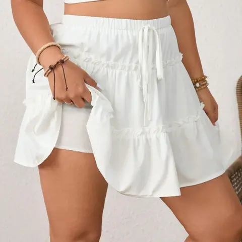 Women's Plus Size Ruffled Tiered Skort, Adjustable Drawstring Waist, Casual Flowy Loose Skirt with Built-in Shorts, All-Occasion Wear, Womenswear