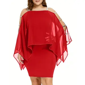 Plus Size Ladies' Solid Color Off Shoulder Chiffon Dress - Elegant, Silver Ribbon, Best Sellers for Banquet & Multiple Occasions